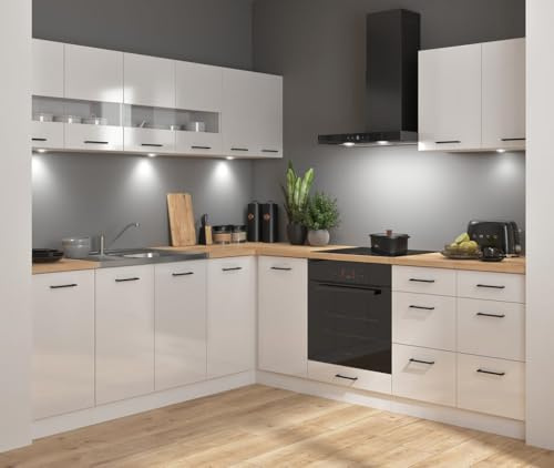 Generisch Eckküche 220×220 cm Kreide Hochglanz – Moderne Winkelküche ohne Arbeitsplatte