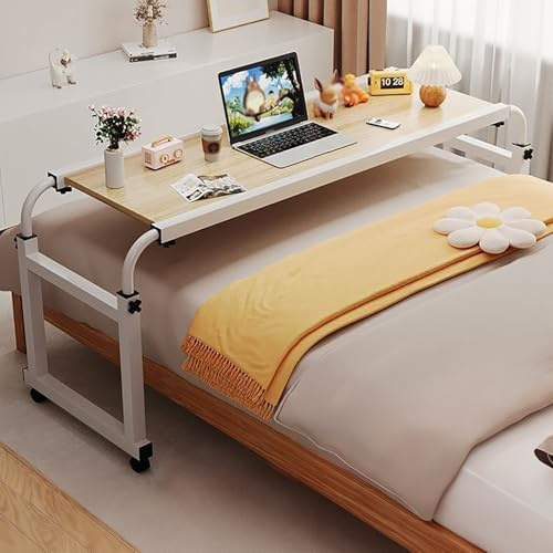 ZYZSY Table de lit réglable en Hauteur et en Largeur sur roulettes, Chariot pour Ordinateur Portable, Grand Plateau Médicalisée Roulante D'hopiteaux Bureau Medicale(Natural Wood,140cm/55in)
