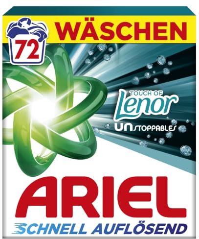 Ariel Universal Pulverwaschmittel Touch of Lenor Unstoppables, 72 Wäschen | Mit Fleck-Weg-Power beim 1. Waschen, schnell löslich und selbst in kaltem Wasser wirksam.