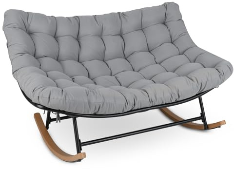 COSTWAY Outdoor Rocking Chair, Oversized Patio Wicker Egg Chair with Thick and Removable Cushion, Rattan Comfy Rocking Lounge Chairs for Living Room, Balcony & Yard (Grey, 150 x 110 x 81 cm)