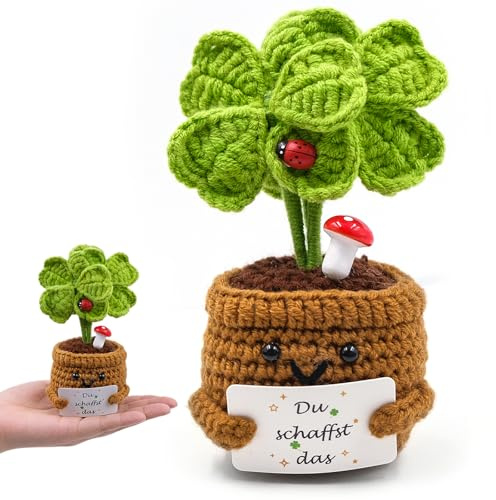 Griwuut Portafortuna con quadrifoglio lavorato a maglia, fiore all'uncinetto, tascabile, regalo di incoraggiamento positivo, piccolo ringraziamento e calendario dell'Avvento, regalo come sostituto per