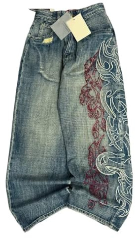 USOHJZ Mönster Broderi Baggy Jeans Män och Kvinnor High Street Vintage Hip Hop Casual Par Breda Ben Byxor
