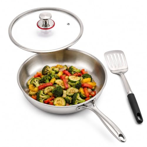 30cm Stainless Steel Frying Pan with lid & Spatula, 304 Stainless Steel Pan, 2 Ply Omelette Pan, Frying Pan for Induction Hob, Firm Handle Frying Pan for All Hobs