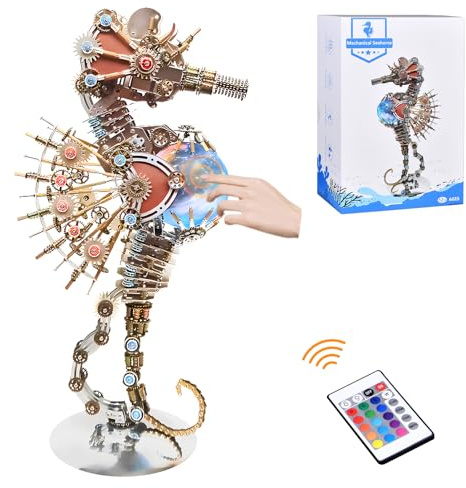 3D Metal Puzzles for Adults, Mechanical Seahorse Model Kit, Unique Gift for Men Women, DIY Craft, Indoor Decoration with LED Night Light, Ideal for Christmas and Halloween