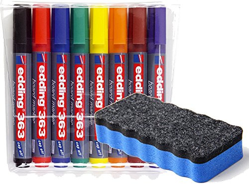 edding 363 Boardmarker (Keilspitze), 8-stück farblich sortiert/Kombi-Set (inkl. Whitboardlöscher blau, magnethaftend)