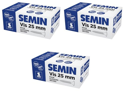 SEMIN Vis Plaque de Plâtre 3,5 x 25 mm – Vis Auto-Perceuses TTPC Double Filet – Fixation Ossature Métallique Intérieur – Acier Phosphaté Anti-Corrosion – 3 X Boîte de 1000 Vis – Norme DTU 25.41