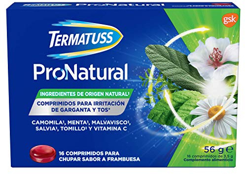 Termatuss Comprimidos Para la Tos Seca o Con Expectoración, Ingredientes de Origen Natural, Sabor a Frambuesa, 16 Comprimidos Para Chupar