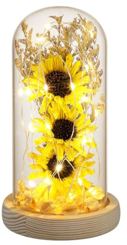 OSALADI Sunflower Decorative Light with Led Fairy String Lights in Glass Dome 8.7 Inch Table Lamp for Home Office Wedding Party Romantic Ambiance