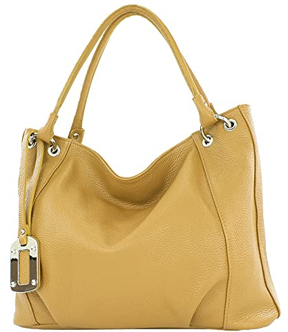 modamoda de - T339 - ital. Schultertasche Shopper aus Leder, Farbe:Senfgelb