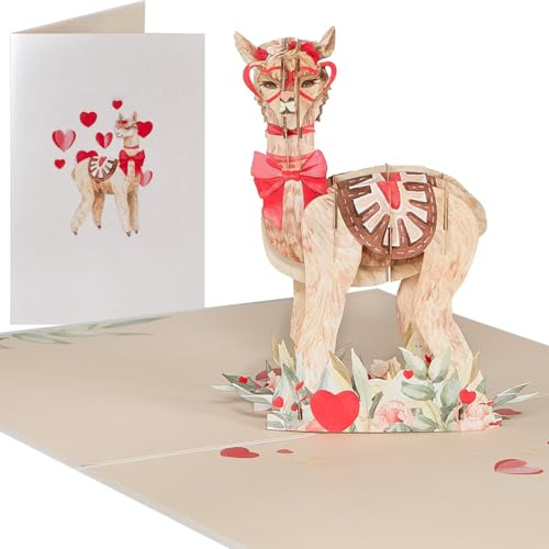 Sweetpopup® 3D Pop-Up Karte Alpaka mit Herzen – Liebevolle Glückwunschkarte zum Geburtstag, Valentinstag, Muttertag oder Vatertag - Ideal um Ich liebe dich oder Danke zu sagen – Lama 048