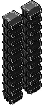 PAFEN Staplingsbara lådor – 20 x stapelbara lådor med lock 115 x 75 x 118 mm – genomskinlig låda för verktygsvägg, förvaringslåda, svart