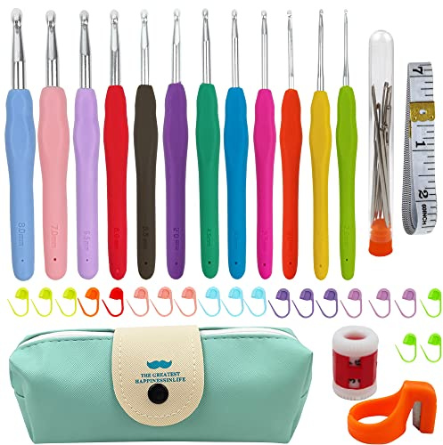 Aiguilles à Crochet Set,12 pièces Aiguilles à Tricoter Ensemble en Aluminium Crochet avec Poignée en Caoutchouc Ergonomique avec un Sac Accessoires pour Outils à Tricoter pour Adultes DéButants