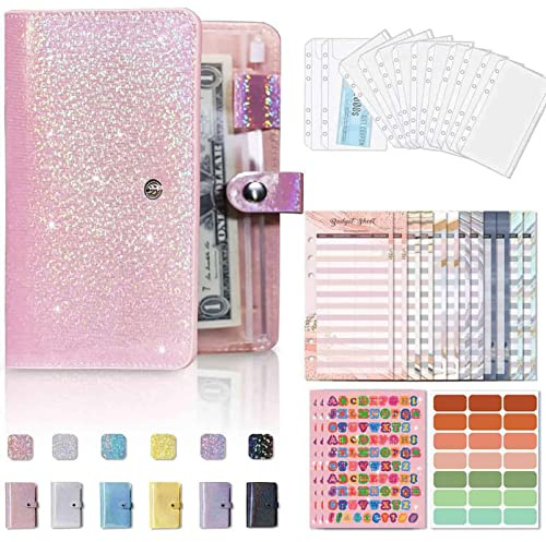 Budget Planner Deutsch, A6 Budget Binder Planer with Ordner Organizer, Rosa | A6 6 Ringbuch PU-Leder Budgetplaner Buch Geld Sparen Mappe for Cash Stuffing mit Geldumschläge/Blätter/ Etikett Aufkleber