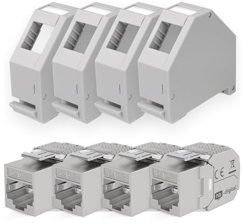 hb-digital Set: 4X Cat.7 Keystone Modul RJ45 + 4X Hutschienenadapter Keystone-Halterung für Hutschiene 35mm Standard | RJ45-Jack geschirmt werkzeuglose Montage Ethernet LAN Netzwerk STP LSA