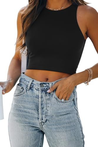 EFAN Womens Sexy Sleeveless High Neck Crop Tops Workout Cute Racerback Cropped Tank Tops Summer Clothes Teen Girls Black XS