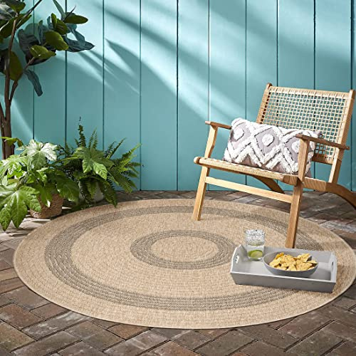 Teppium Outdoor Teppich Wetterfest 200 cm Rund Natur Sisal und Jute Optik - Küchenteppich Waschbar rutschfest, Wasserfest, Bordüre Design, Pflegeleicht - Ideal für Balkon, Terassen, Garten, Camping