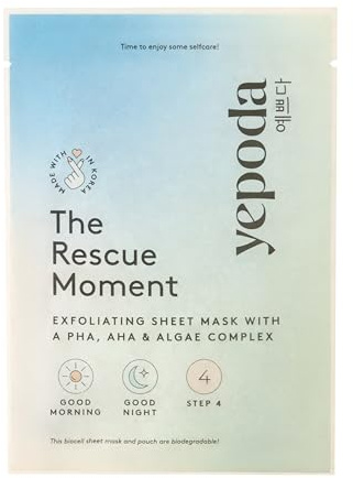 Yepoda The Rescue Moment, Masque en tissu exfoliant aux PHA & AHA, Illuminateur et purifiant, Masque Coréen Végan pour Tous Types de Peau, 25 ml