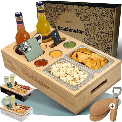 PREMIUM Couchbar - Kiriholz - 3 Farben - 3 Dipschalen 2 Snackschalen 2 Untersetzer 1 Flaschenöffner, Snackbox Organizer Flaschenhalter - Sofa Butler Serviertablett (Holz mit Schriftzug)