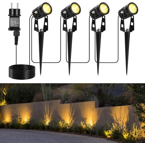 GuKKK Faretti Esterno, 4 Pezzi Giardino a LED Bianco Caldo, Illuminazione da Giardino a LED con Picchetto da Terra 20m, Impermeabili IP65 3000K Lampade da Giardino, per Terrazza Prato Vialetto