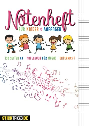 Notenheft A4 mit Hilfslinien und extra breiter Lineatur für Schule und Musikunterricht. 150 Seiten (blanko) zum Noten Schreiben lernen. Ideal für ... pro Seite. (Notenheft für Kinder)