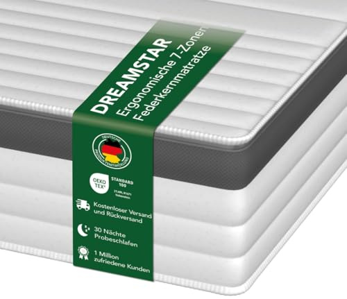 Dreamstar Gold Matelas orthopédique à ressorts ensachés - 7 zones - Hauteur : 21 cm - Certifié Oeko-Tex - Degré de dureté 2 (H2) - Fabriqué en UE - 80 x 200 cm