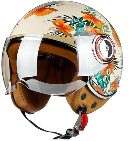 QJWMatic 3/4 Halber Motorradhelm, Retro-Motorradhelm, ECE-Zugelassener Mit Sonnenblende Retro-Jet-Helm Für Damen Und Herren Moped Motorrad F,L57-58CM
