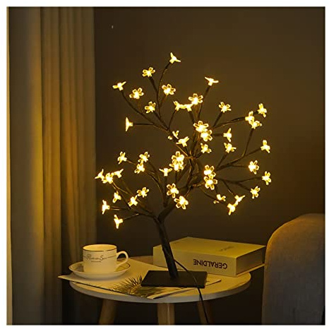 Lámpara LED de Mesa para árbol de Bonsái, Lámpara de árbol USB, Decoración de Dormitorio de Navidad, Luz de Noche de Mesa (Negro 48 Luces)