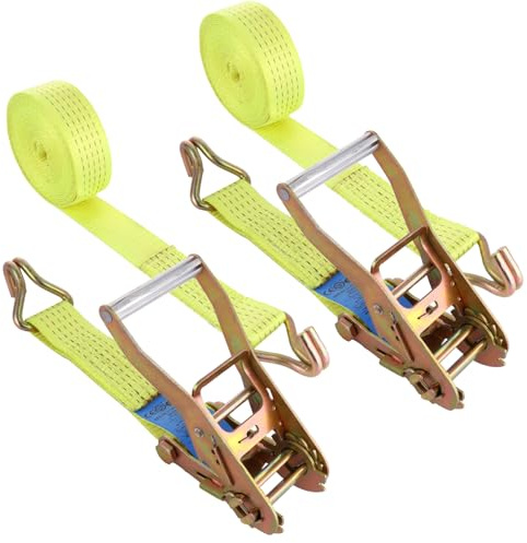 AHAQU 2PCS Heavy Duty Ratchet Straps, 5cm x 6m Ratchet Tie Down Straps, 11000lb Break Strength, Adjustable Lashing Straps with Handle and Metal J Hook for Motorcycle, Cars, Trucks- Yellow