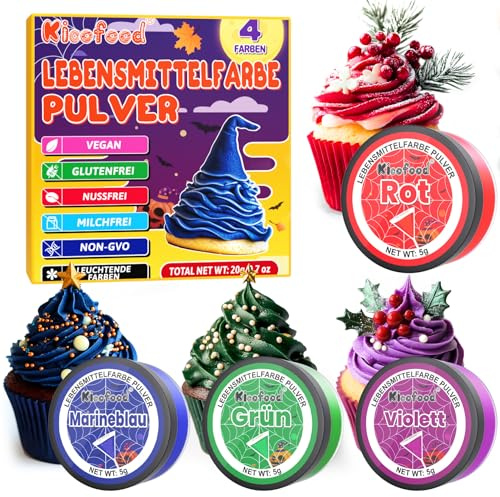 Lebensmittelfarbe Pulver - 4 Farben Lebensmittelfarbe, Konzentriertes Food Colouring Rot Grün Marineblau Violett zum Kuchendekorieren, Backen, Zuckerguss, Dessert, Kochen - 5g