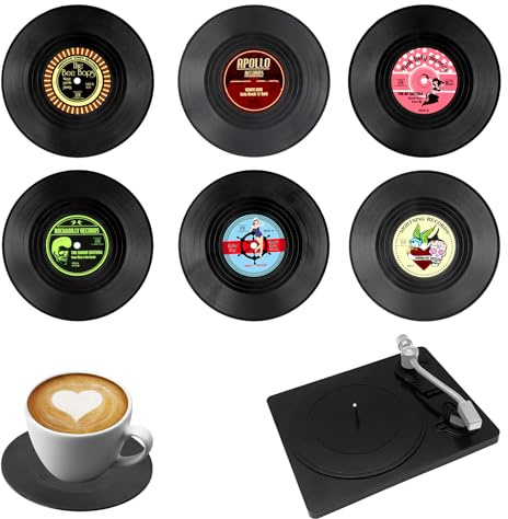 volumoon 6 Stück Vinyl Schallplatten Untersetzer, Getränke Untersetzer Set Vintage, Untersetzer für Gläser, Retro Vinyl Schallplatte Untersetzer mit Basis, Bierdeckel Rund Personalisiert für Bars