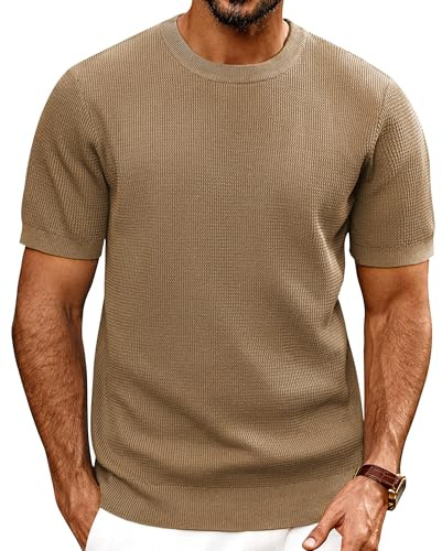 PJ PAUL JONES Mens T Shirt Short Sleeve Crew Neck Textured Knit Tee Summer Classic Stylish Casual Pullover Tops Camel L
