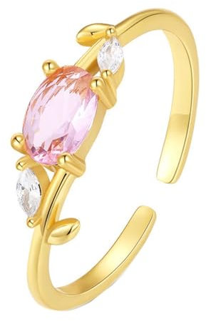 AMDXD 14K Gelbgold Verlobungsring Echt Schmuck, Blatt Offen Verstellbar Hochzeitsring mit Labor Erstellt Morganit Rosa Ovalschliff, Au 585 Bandringe, Gr.61 (19.4)