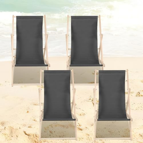 ISOISL 4er Set Liegestuhl klappbar Holz, Strandstuhl, Bis 150 kg, Sonnenliege strapazierfähiger Klapp-,Garten, Strand, Camping- und Reisebegleiter, (dunkelgrau)