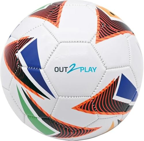 OUT2PLAY Ballon de Football, Motif Géométrique Multicolore, Blanc avec Accents Violets et Orange