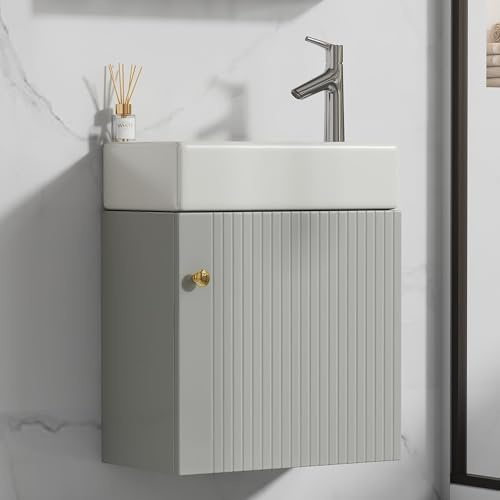 Merax Waschtisch mit Waschbecken, Badezimmermöbel Waschbecken mit unterschrank 46 cm breit, Waschtischunterschrank hängend, Kleine Gästebadmöbel, Grau, 46x26x56cm