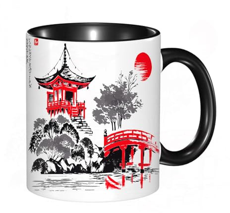 HRRASFAZF Tasse à Café | Tasse Céramique Fine | Cadeau Original | 330ml | Mug avec Anse | Cadeau Original pour Homme et Femme | Aquarelle Paysage Daigoji Saison d'automne Kyoto Japon Japonais Vintage