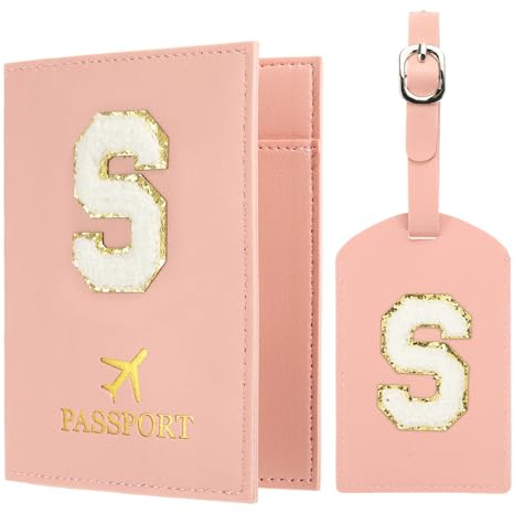 PATIKIL Passport Holder for Travel, Initial Passport Cover and Luggage Tag Set with Alphabet Chenille Letter Patch Travel Wallet Bag Suitcase Identifier for Women Family Travel Pink S