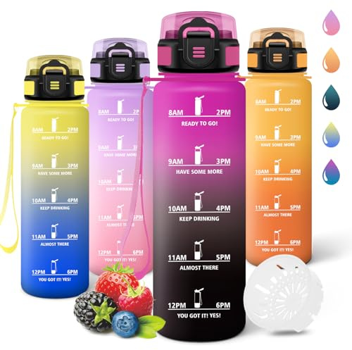 Trinkflasche, 1000ML BPA-Frei, Wasserflasche, Auslaufsicheres Schlossdesign, Gym Flasche, Flasche mit zeitmarkierung, Sport Trinkflasche für Camping, Fitnessstudio, Berge besteigen - Lila&Schwarz