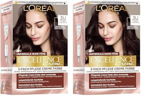 L'Oréal Paris Permanente Haarfarbe für jeden Hautton, Coloration ohne Ammoniak, Universale Nude-Töne mit vollständiger Grauhaarabdeckung, Excellence Creme, Nr. 3U Dunkelbraun (Braun), 1 Stück