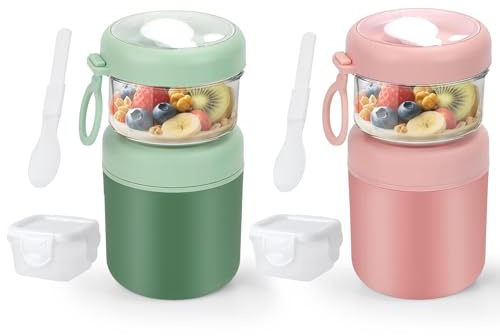 GEEKHOM 2er-Set Müslibecher To Go Edelstahl 530ml+330ml Joghurt und Müsli To Go Becher Klein Bpa Frei Thermisch - Mit Löffel & Soßenbox, Ideal Für Arbeit, Schule, Picknick (Grün+Rosa)