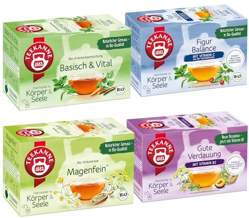 Teekanne Magen & Verdauung 4er Set – Basisch & Vital, BIO Figur Balance, BIO Magenfein & Gute Verdauung – 72 Teebeutel Kräutertee für Wohlbefinden & Balance - Fenchel, Zitronengras & Rotbusch Tee