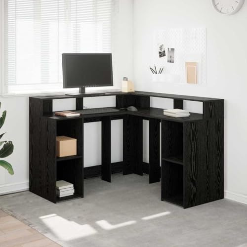 QZZCED Moderner Eckschreibtisch in L-Form mit LED-Beleuchtung, schwarze Eiche, 130 x 130 x 91 cm, solides und stabiles Sperrholz, integriertes Kabelmanagement für Büro