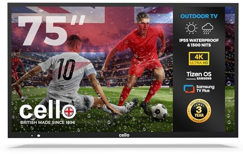 Cello COD75TZ 75 Tizen OS Outdoor Smart LED 4K TV, Samsung, Pitch Perfect Speakers, Waterproof IP55, 1500 nits, Netflix, Prime Video, Garden & Patio