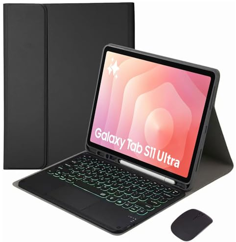 HEKUEUN Custodia con Tastiera per Samsung Galaxy Tab S11 Ultra / S10 Ultra / S9 Ultra / S8 Ultra 14,6'', Italiano Tastiera Mouse Bluetooth Touchpad Staccabili Retroilluminazione 7 Colori,Nero
