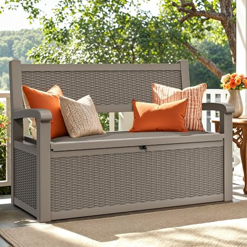 YITAHOME 265L Aufbewahrungsbank Sitzkasten, Abschließbare Gartenbox, Wetterfeste Outdoor Kiste für Terrassenkissen, Gartengeräte & Poolzubehör – Hellbraun