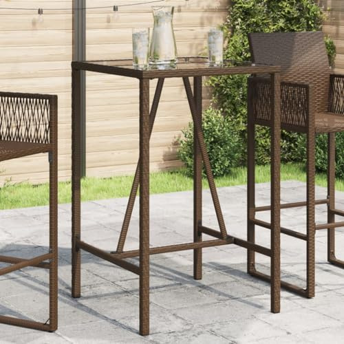 Cartvyn Garten-Bartisch Braun 70x70x110 cm Poly Rattan, wetterfester Gartentisch für draußen, Terrassentisch Outdoor mit Glasplatte, robuster Balkontisch, klappbar und Stabiler Beistelltisch Garten