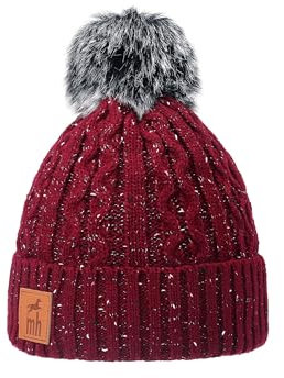 mh michael heinen Damen Strickmütze, Beanie, Fleece Fütterung, mit Bommel, wasserabweisend, dehnbar, angenehm Burgundy OS