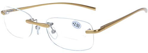 Goldene, Randlose Bifokalbrille mit Nahteil/Leseteil ALEXIS mit Federscharnier mit klassischer Form + 1,50 dpt