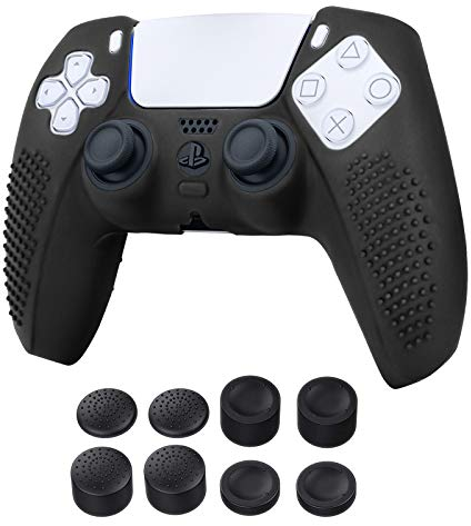 Newseego PS5 Controller Hülle,Weich Silikon-Hülle Anti-Rutsch Schutzhülle Grip Skin Vollschutz Schutzgehäuse rutschfeste Case Zubehör [8 x Thumb Grips Aufsätze ]für PlayStation 5 DualSense - Schwarz