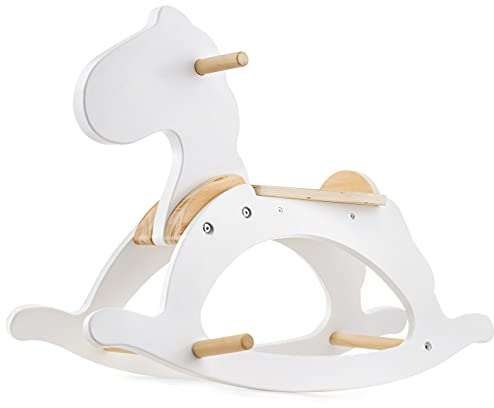 Mamabrum Cheval à Bascule en Bois - Jouet Balançoire Blanc Classique pour Enfants 1+ an, Design Minimaliste, Siège Sécurisé 70 cm, Poignées et Repose-Pieds